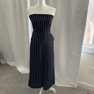 Armani Exchange Black and White Striped Strapless Jumpsuit
